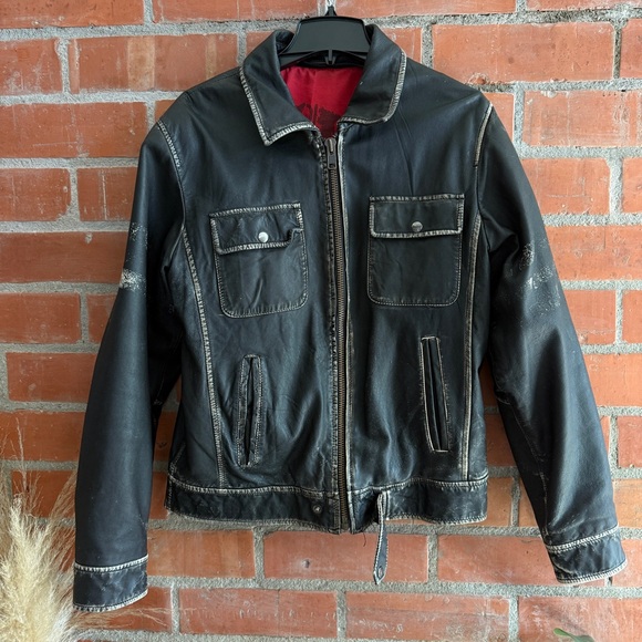 Vintage Jackets & Blazers - Vintage Motorcycle biker Leather Jacket unisex Fabric Life